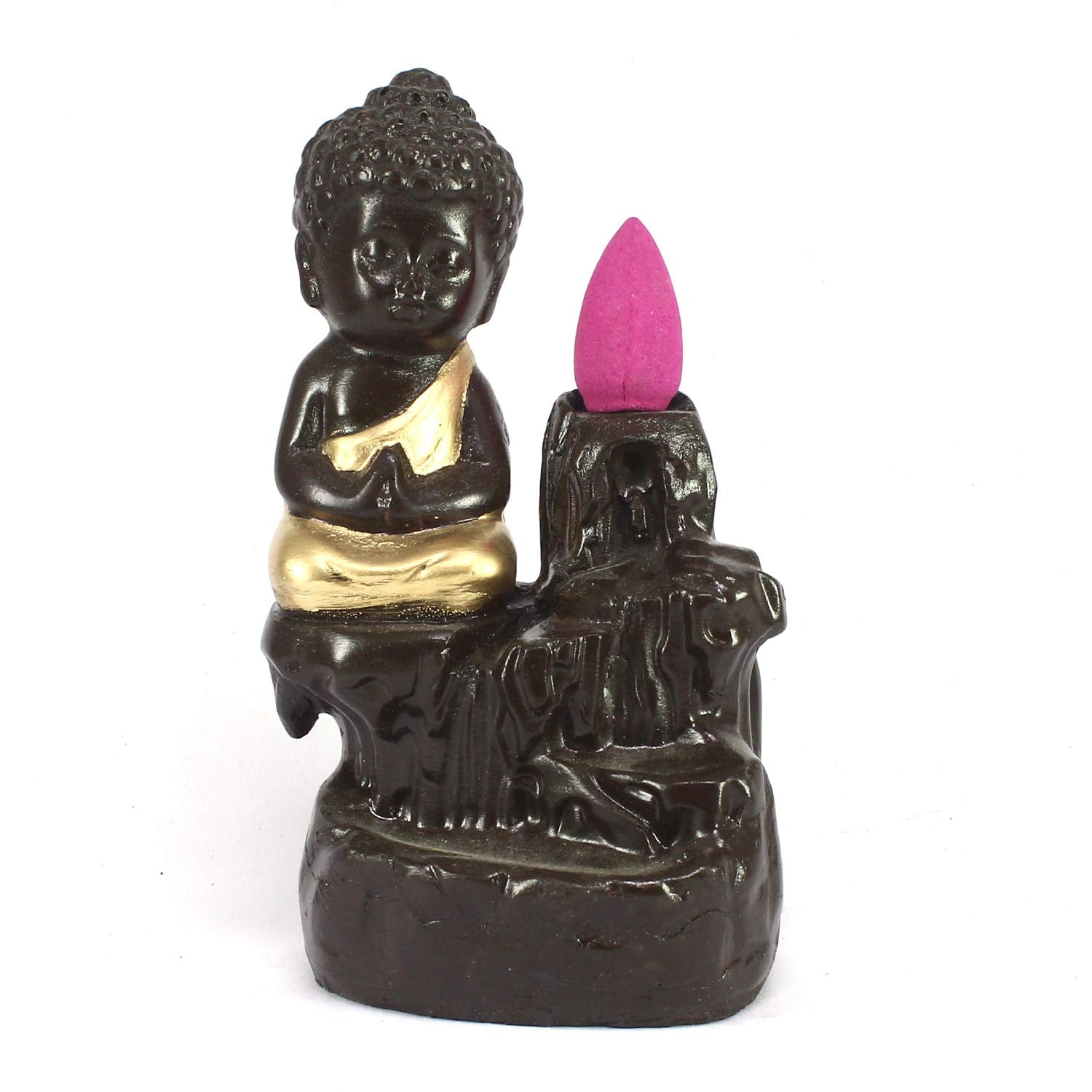 eCraftIndia Black Golden Meditating Monk Buddha Statue Smoke Backflow Incense Holder with Incense Cones Showpiece for Home Decor